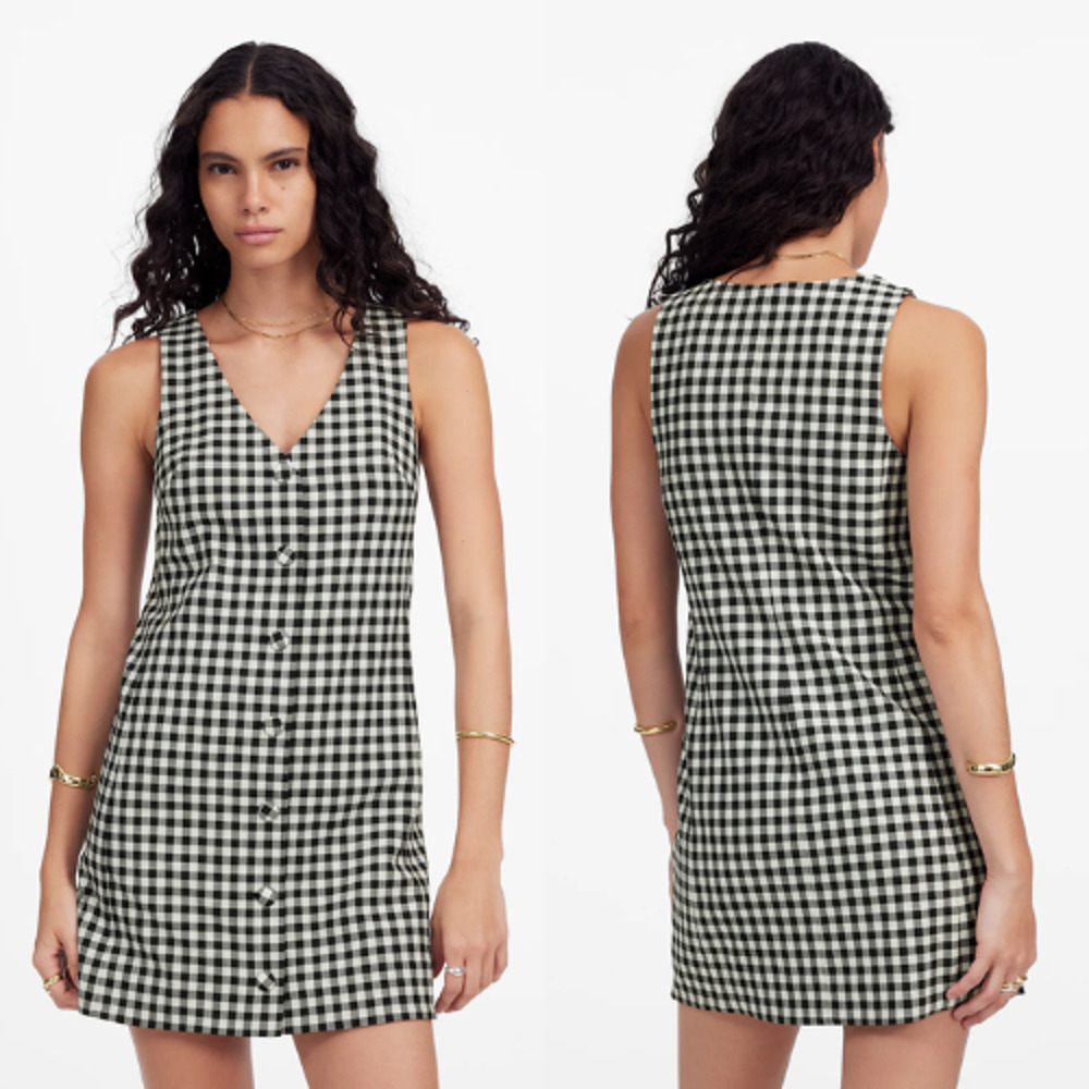 Madewell V-Neck Mini Vest Dress Gingham Button-Front True Black Sze 2